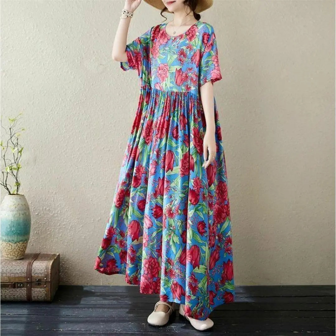 [Large size] Ladies Long One Piece Spring / Summer Autumn New Short Sleeve Flowers