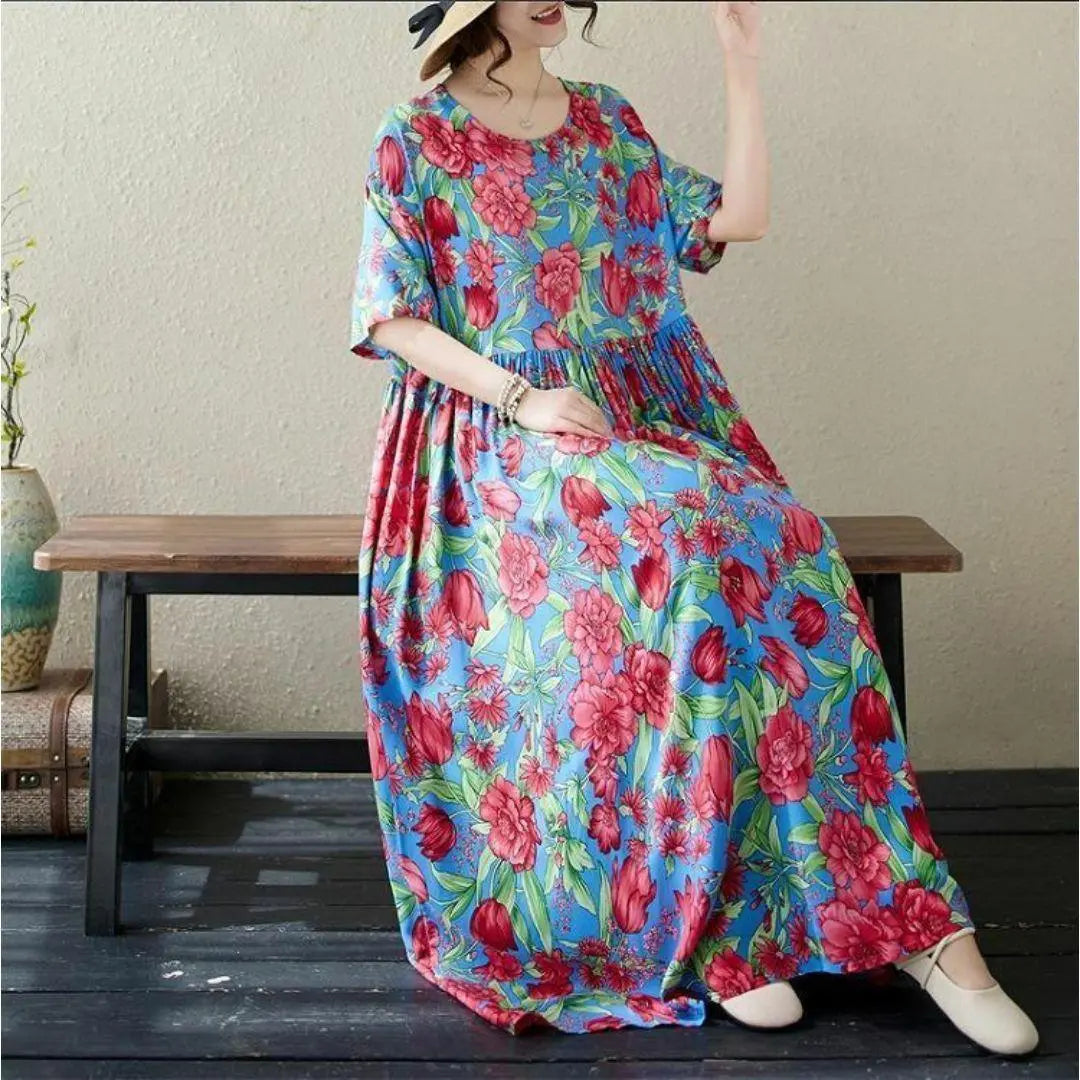 [Large size] Ladies Long One Piece Spring / Summer Autumn New Short Sleeve Flowers