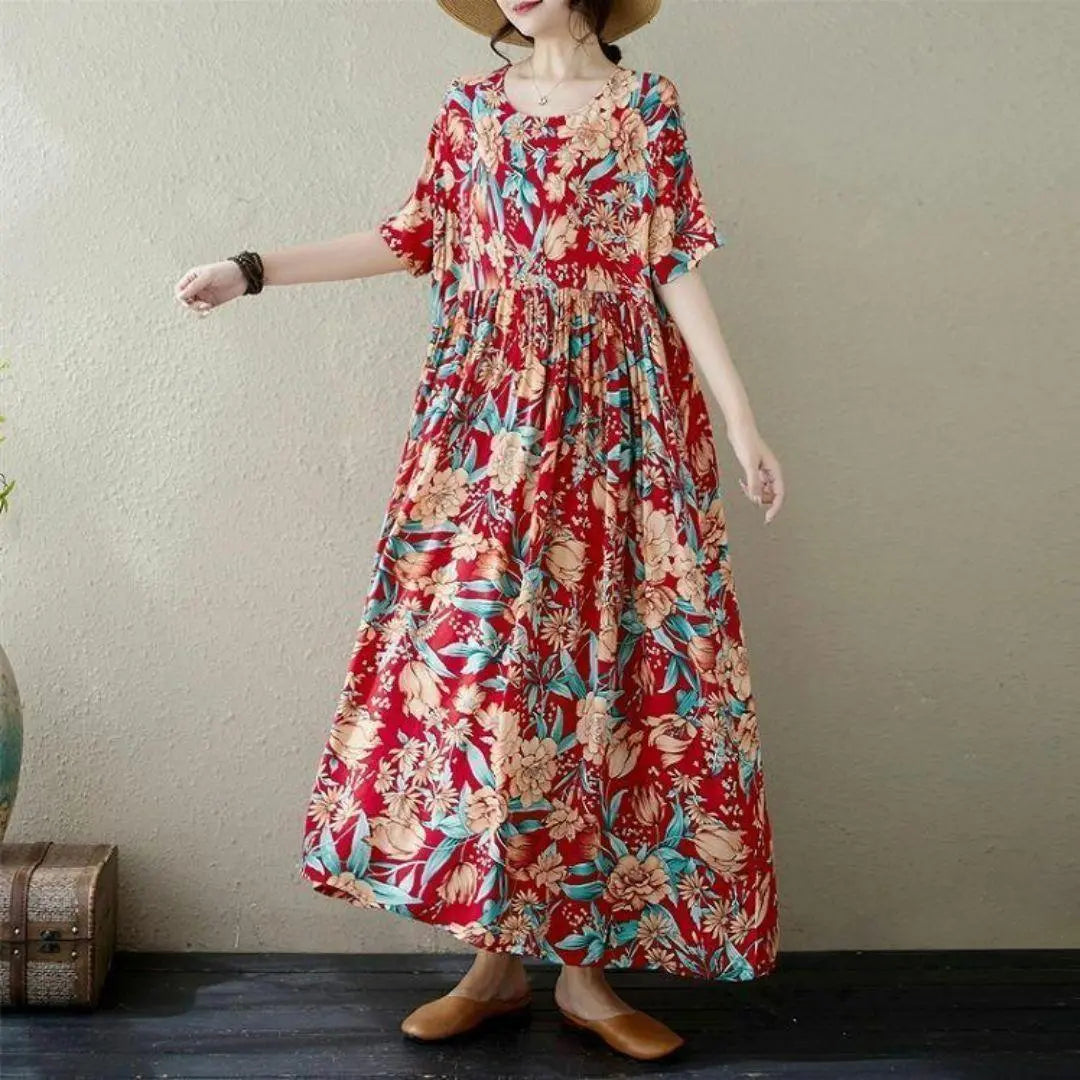 [Large size] Ladies Long One Piece Spring / Summer Autumn New Short Sleeve Flowers