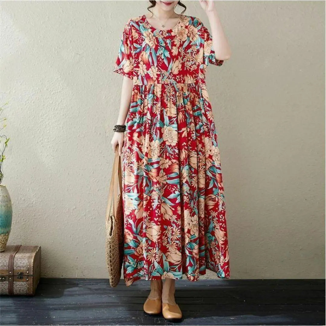 [Large size] Ladies Long One Piece Spring / Summer Autumn New Short Sleeve Flowers