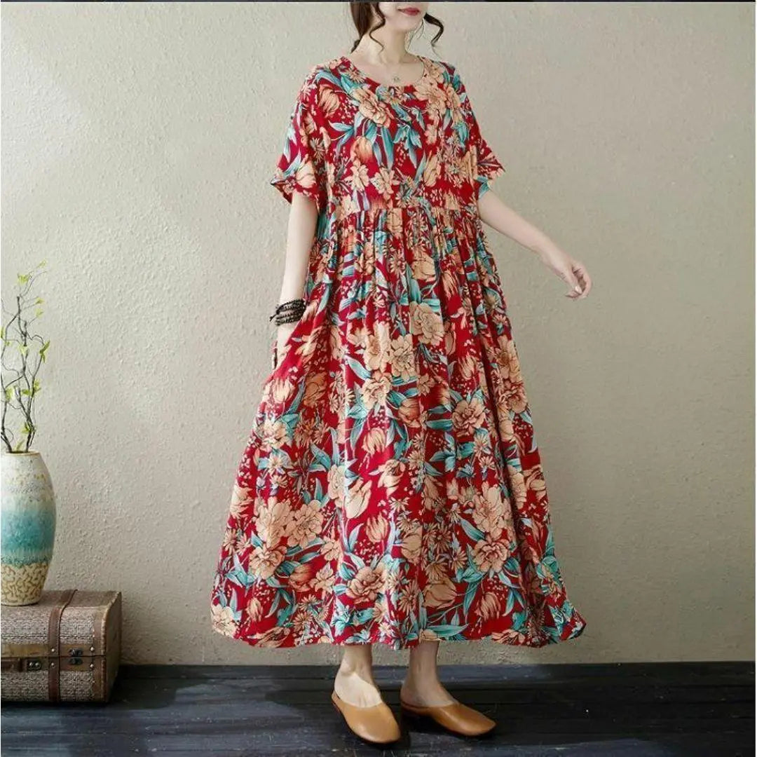 [Large size] Ladies Long One Piece Spring / Summer Autumn New Short Sleeve Flowers