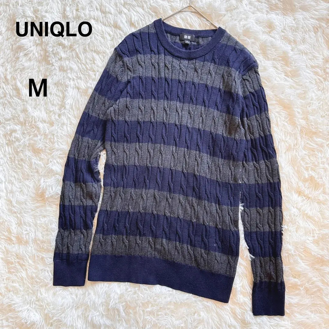 UNIQLO Men's Cool Neck Knit Border Sweater Cotton Cashmere Navy