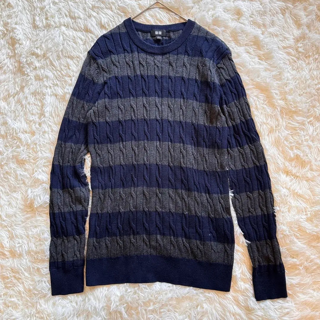 UNIQLO Men's Cool Neck Knit Border Sweater Cotton Cashmere Navy