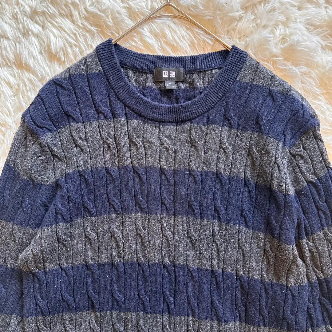 UNIQLO Men's Cool Neck Knit Border Sweater Cotton Cashmere Navy