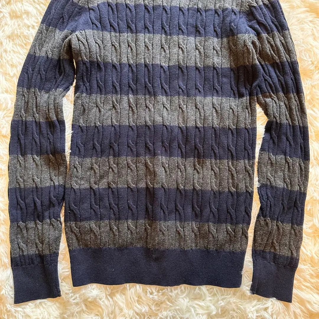 UNIQLO Men's Cool Neck Knit Border Sweater Cotton Cashmere Navy