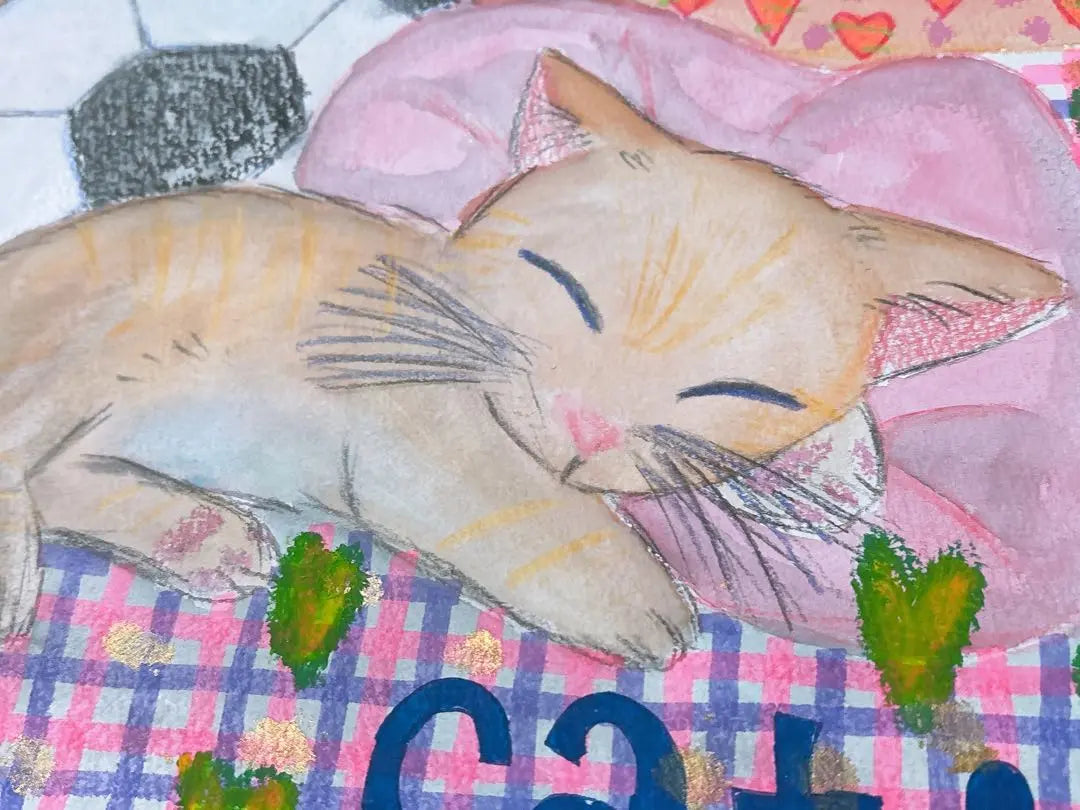 Ilustración de gato siesta pintura arte hecho a mano venta a granel | お昼寝猫ちゃんイラスト 絵画 アート ハンドメイド まとめ売り