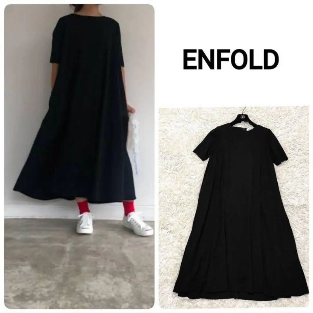 [Beautiful goods] ENFOLD Light Milan 5 -minute Sleeve A line dress One piece black 36 | 【美品】ENFOLD ライトミラノ5分袖Aラインドレス ワンピース 黒 36