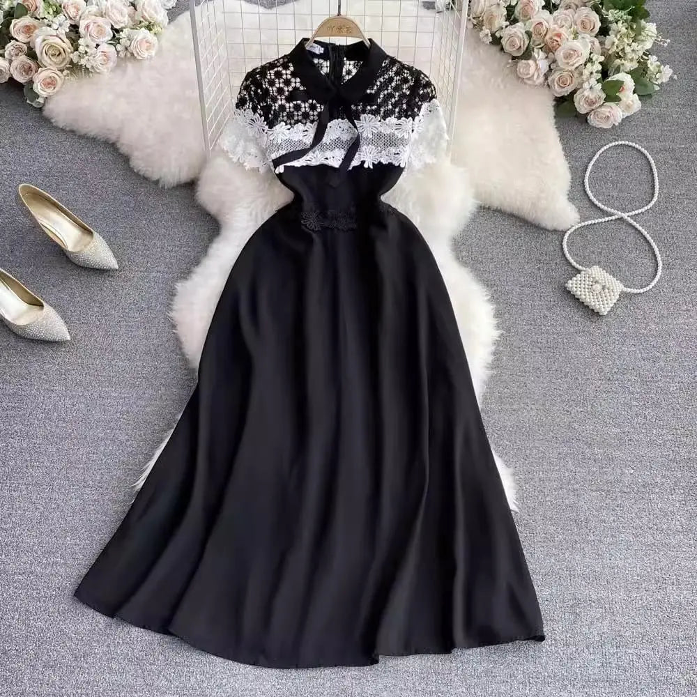 Vestido, manga corta, ropa de verano, vestido largo, corte A, negro, elegante, elegante