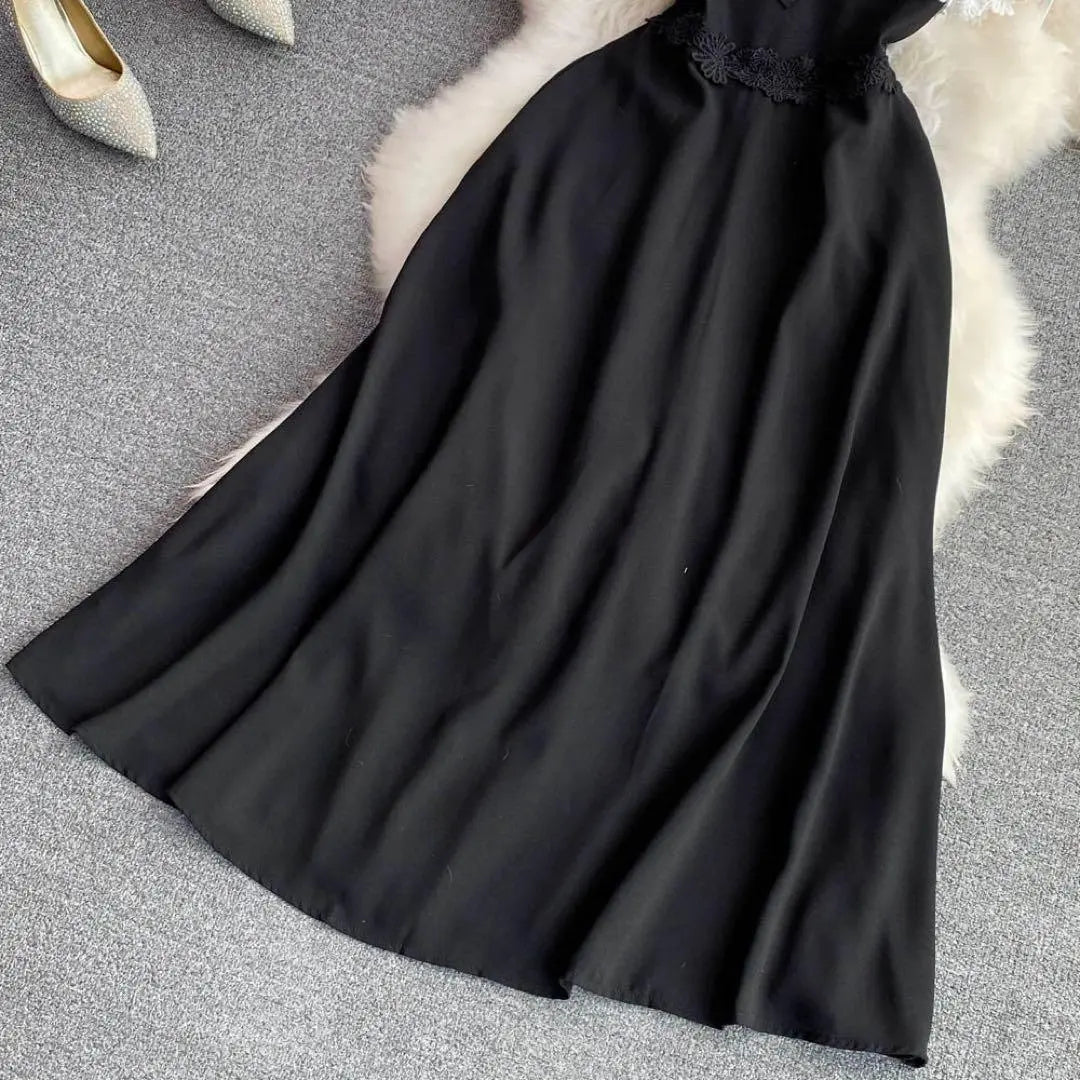 Vestido, manga corta, ropa de verano, vestido largo, corte A, negro, elegante, elegante