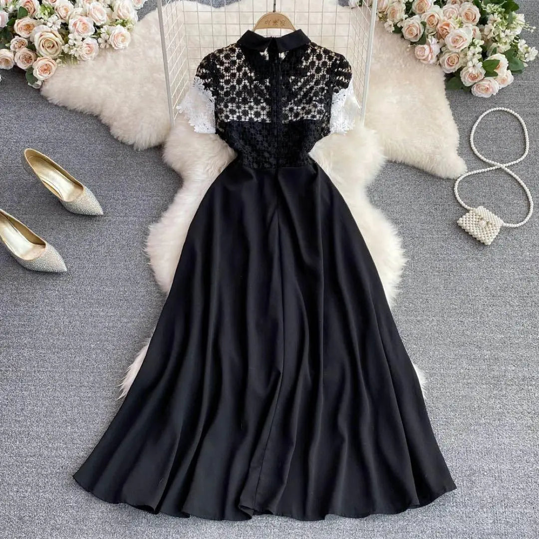 Vestido, manga corta, ropa de verano, vestido largo, corte A, negro, elegante, elegante