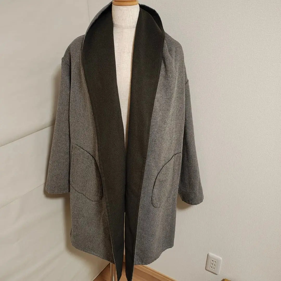 ★ Mizuiroind Wool Blend Reversible Long Coat with Hood Gray Khaki | ★ ミズイロインド　ウール混　リバーシブルロングコート　フード付き　グレーカーキ