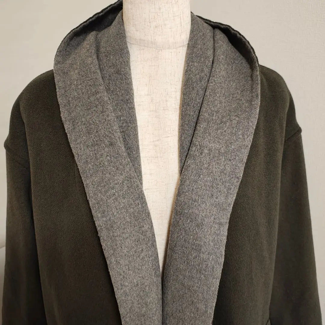 ★ Mizuiroind Wool Blend Reversible Long Coat with Hood Gray Khaki | ★ ミズイロインド　ウール混　リバーシブルロングコート　フード付き　グレーカーキ