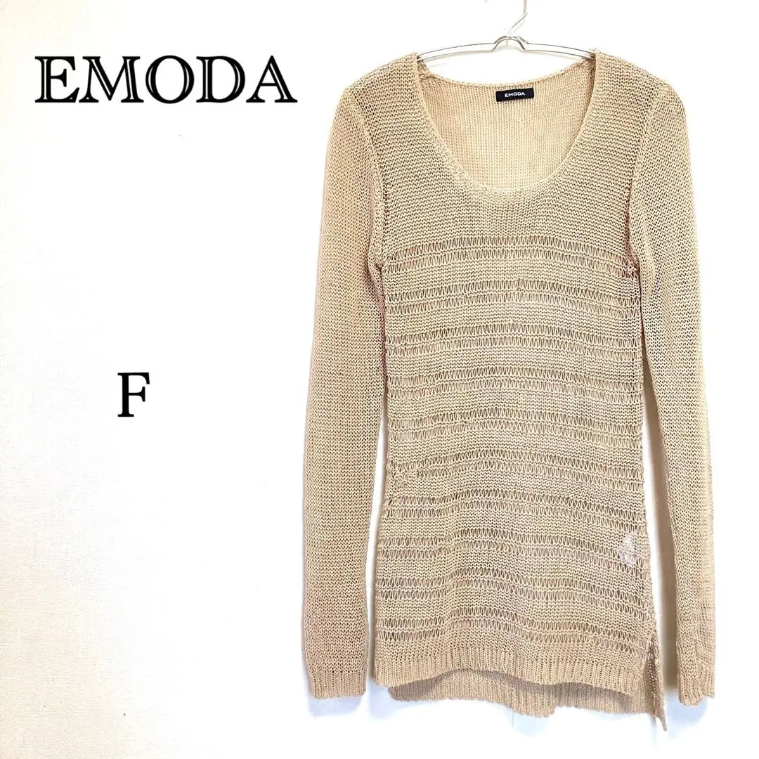 Emoda Tejido de malla (F) Largo largo Beige A0770 | エモダ メッシュニット (F) ロング丈 ベージュ a0770