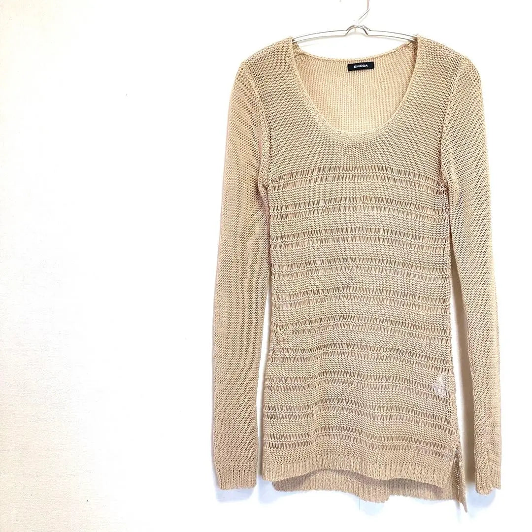 Emoda Tejido de malla (F) Largo largo Beige A0770 | エモダ メッシュニット (F) ロング丈 ベージュ a0770