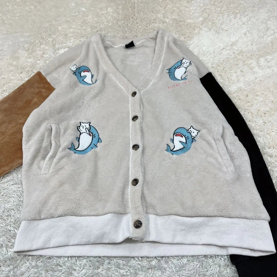 x242.School Parity Cat Shark Embroidery Flannel Color scheme Cardigan M