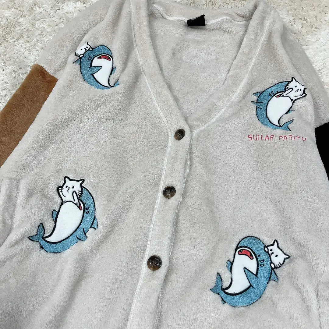 x242.School Parity Cat Shark Embroidery Flannel Color scheme Cardigan M