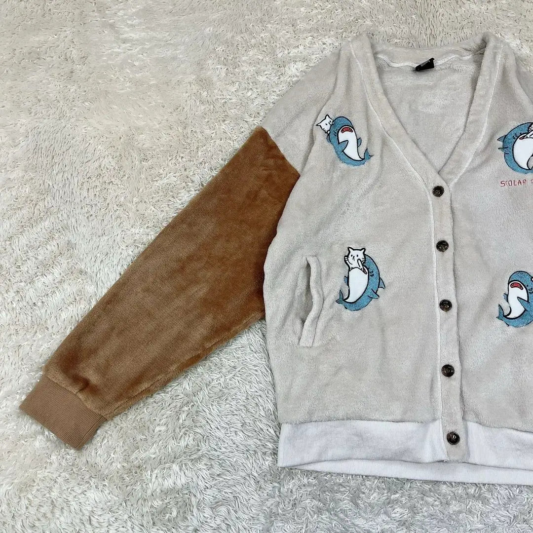 x242.School Parity Cat Shark Embroidery Flannel Color scheme Cardigan M