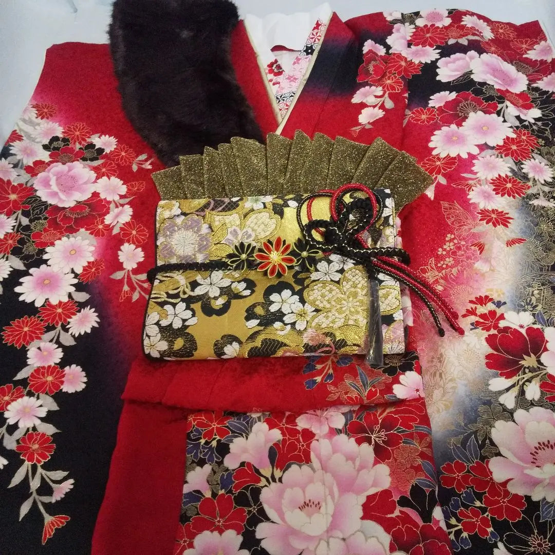 Conjunto completo de kimono de manga larga de seda pura en rojo, negro, dorado y flor de cerezo, etc. Fukuro-obi, obi-jime, obi-age, medio cuello, cuello en capas, ceremonia de mayoría de edad, ceremonia de graduación, etc.