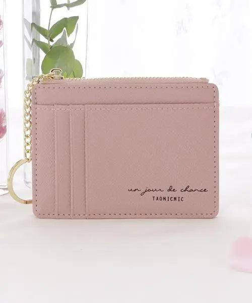 *Slim card case for women, simple pink, with key ring