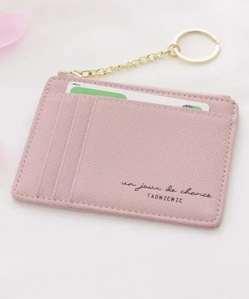 *Slim card case for women, simple pink, with key ring