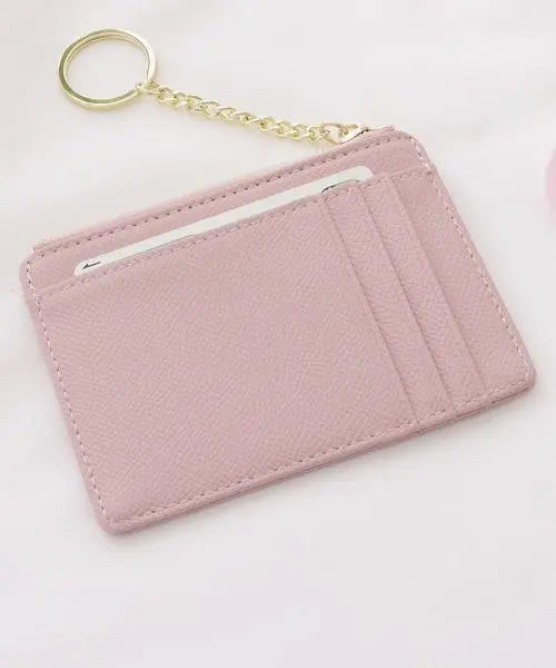 *Slim card case for women, simple pink, with key ring