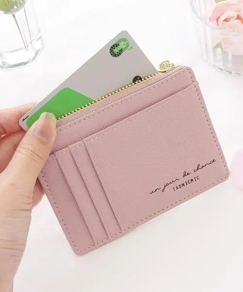 *Slim card case for women, simple pink, with key ring