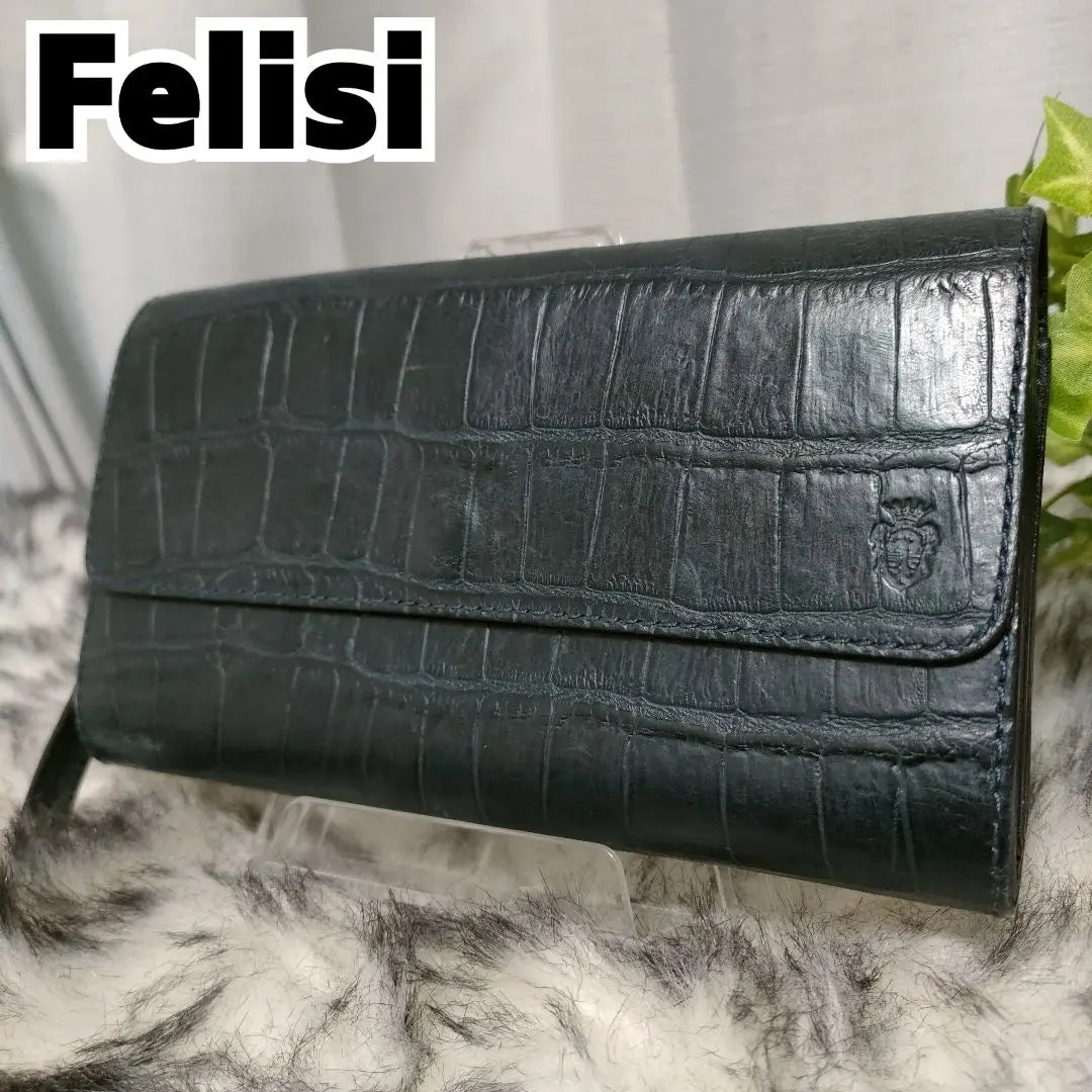 Cartera larga Felisi piel cocodrilo azul marino Cartera Felisi piel animal azul marino