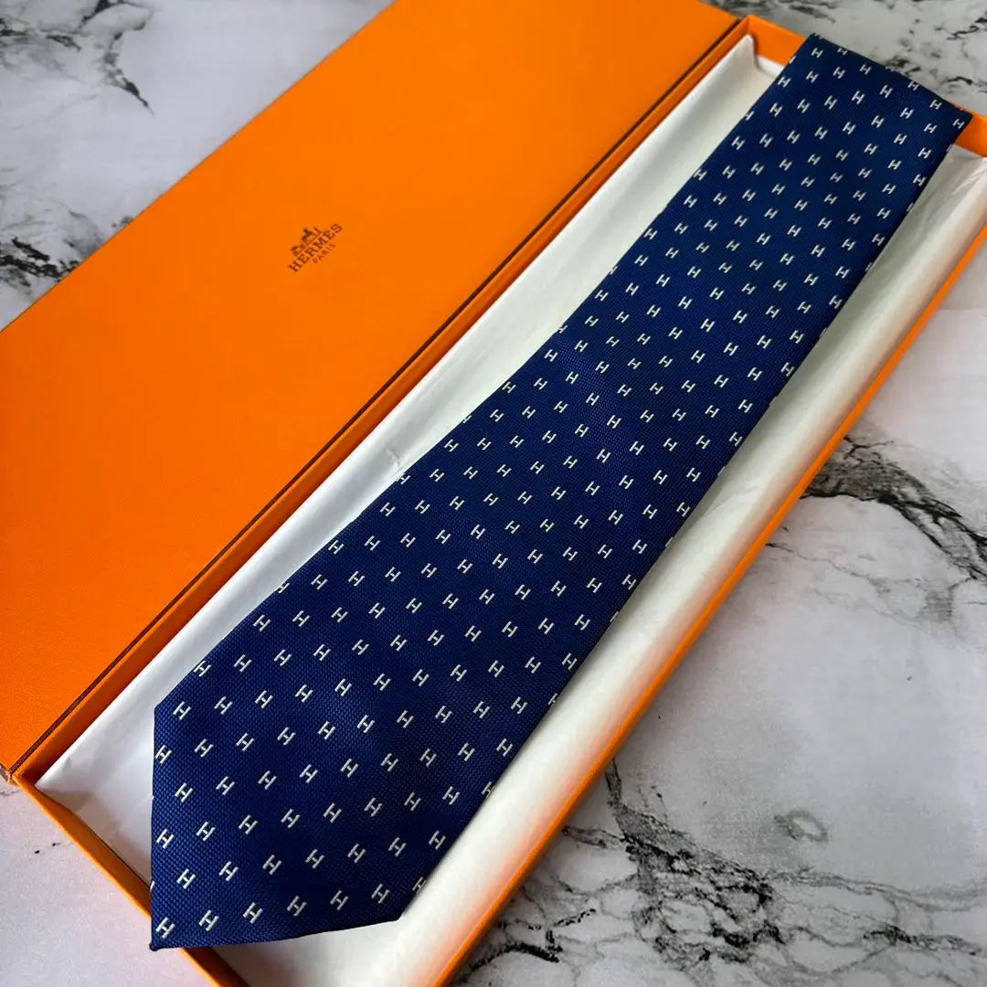 Unused ✨HERMES Hermes Top-grade Tie Fasone H Navy Boxed