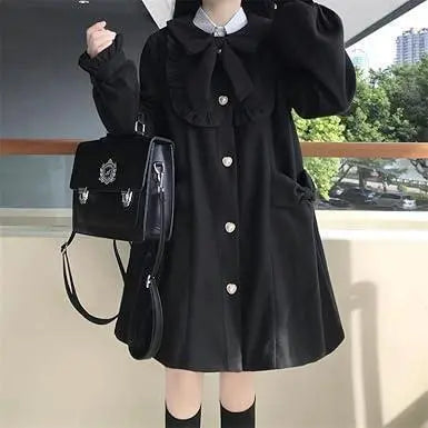 Women's coat, black, size M, school style, with ribbon, cute Mori Girl