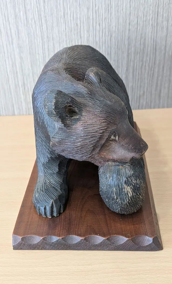 Wooden carved bear and pedestal by Hosokoshi Harumine, rare item, 1960s