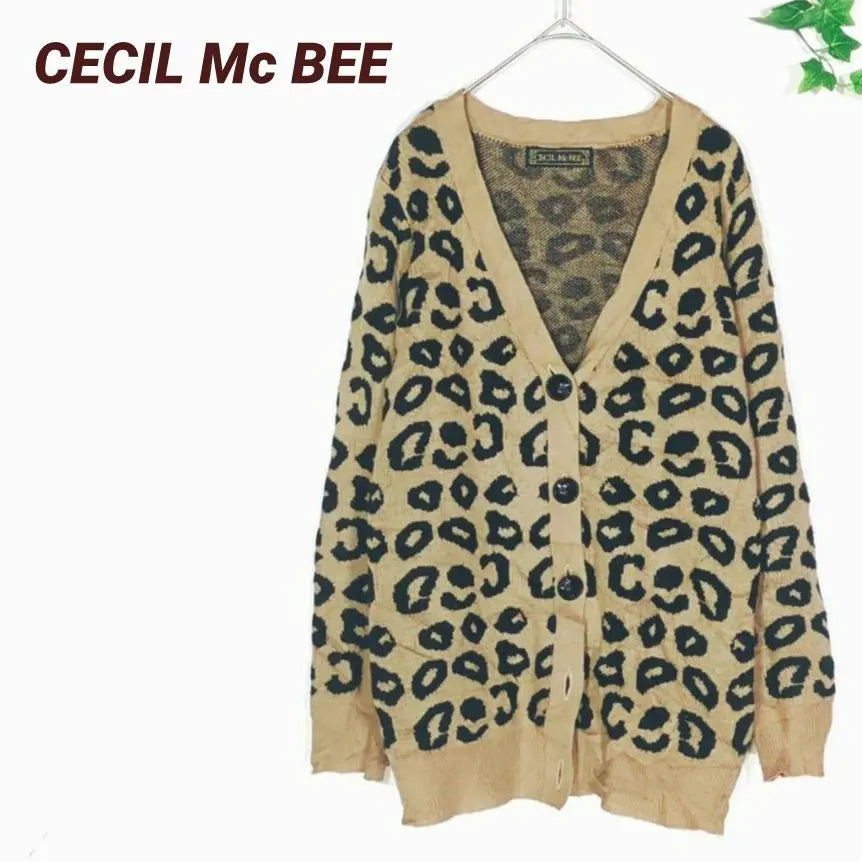 h204 *Cecil McBee Leopard print V-neck knit cardigan Beige M