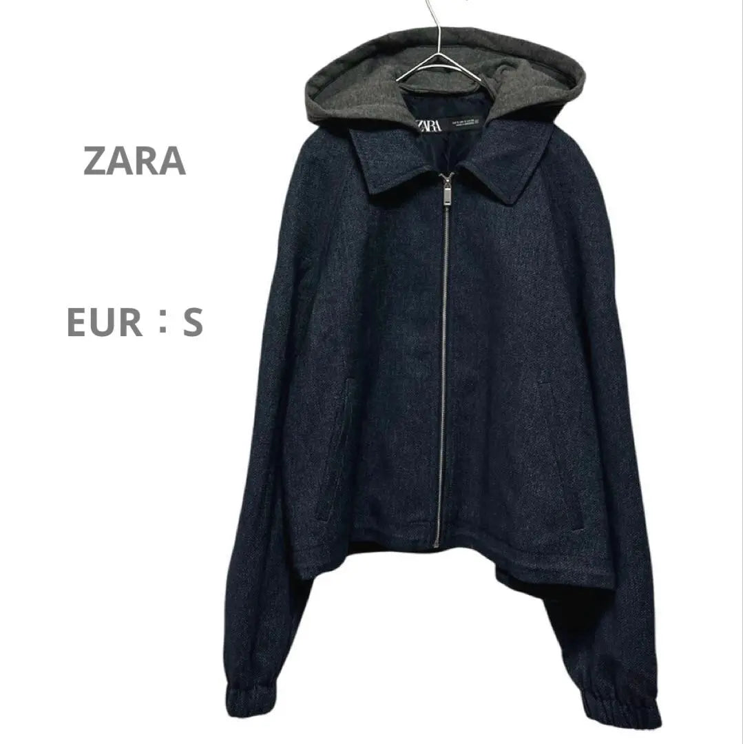 [Zara] Zip-up blouson, jumper, outerwear, drawstring, removable hood, plain