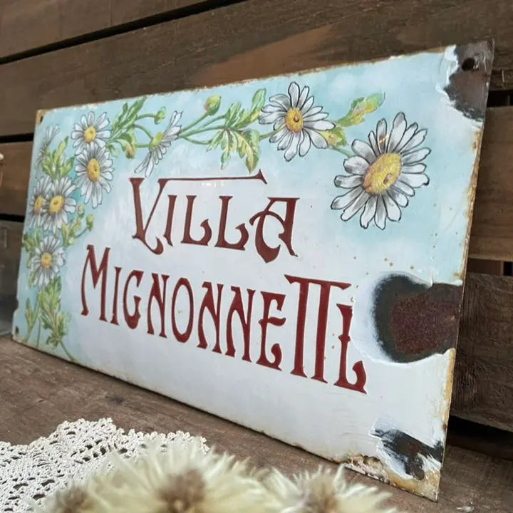 Rare French Antique Villa Sign House Sign Enamel Small Flowers Plate