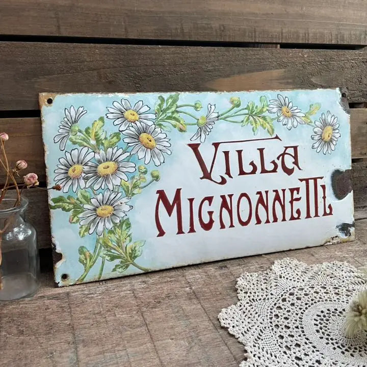 Rare French Antique Villa Sign House Sign Enamel Small Flowers Plate