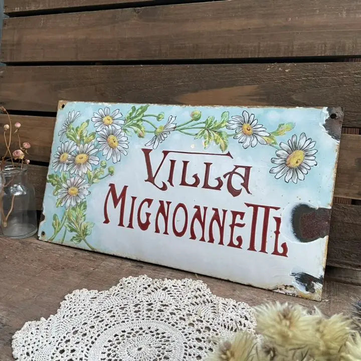 Rare French Antique Villa Sign House Sign Enamel Small Flowers Plate