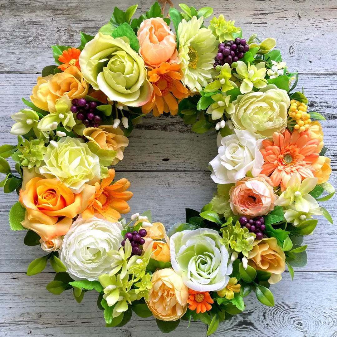 Flower wreath★Spring wreath★Entrance wreath★Orange and green colored roses and gerberas