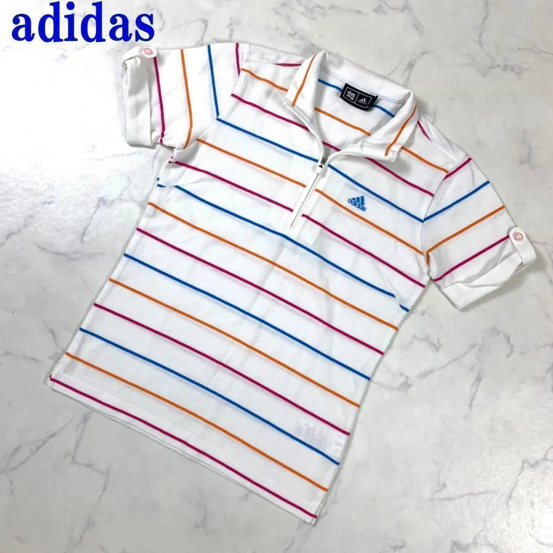 Adidas Polo Shirt Short Sleeve Striped Cotton Zip White XS C5387