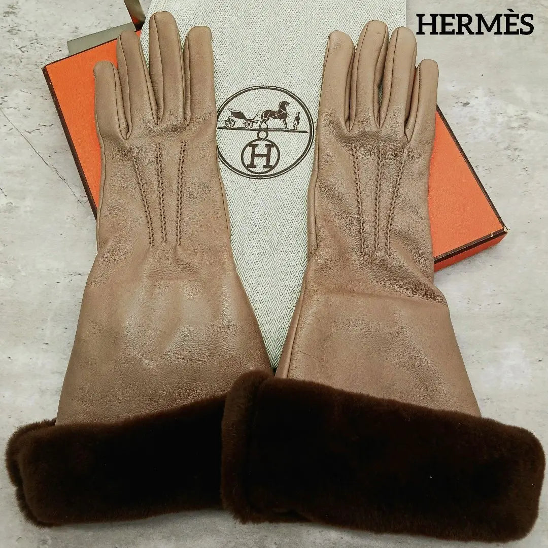 ✨ Beautiful condition✨ Hermes Lamb Leather Mink Silk Back 100% Long Gloves Gloves