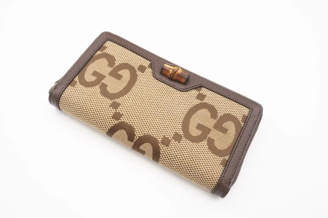 GUCCI Round Zipper Long Wallet Jumbo GG Bamboo Zip Around