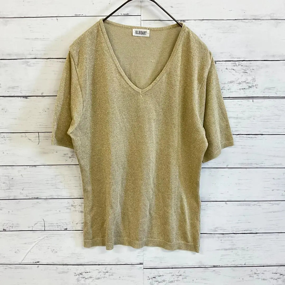 ELHEART Knit Thin Short Sleeve V-neck Plain Simple Basic Glitter Thread