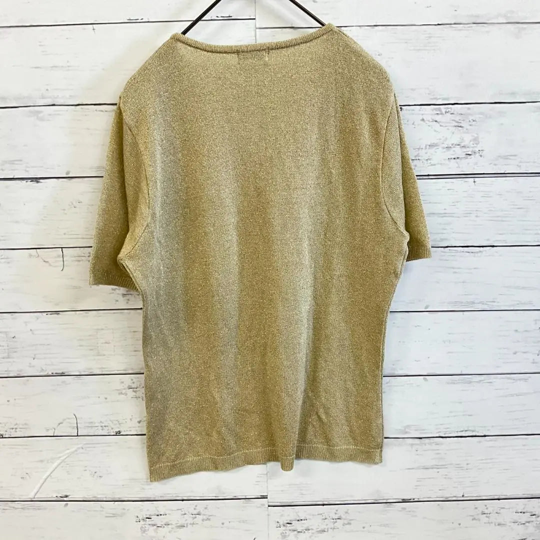 ELHEART Knit Thin Short Sleeve V-neck Plain Simple Basic Glitter Thread