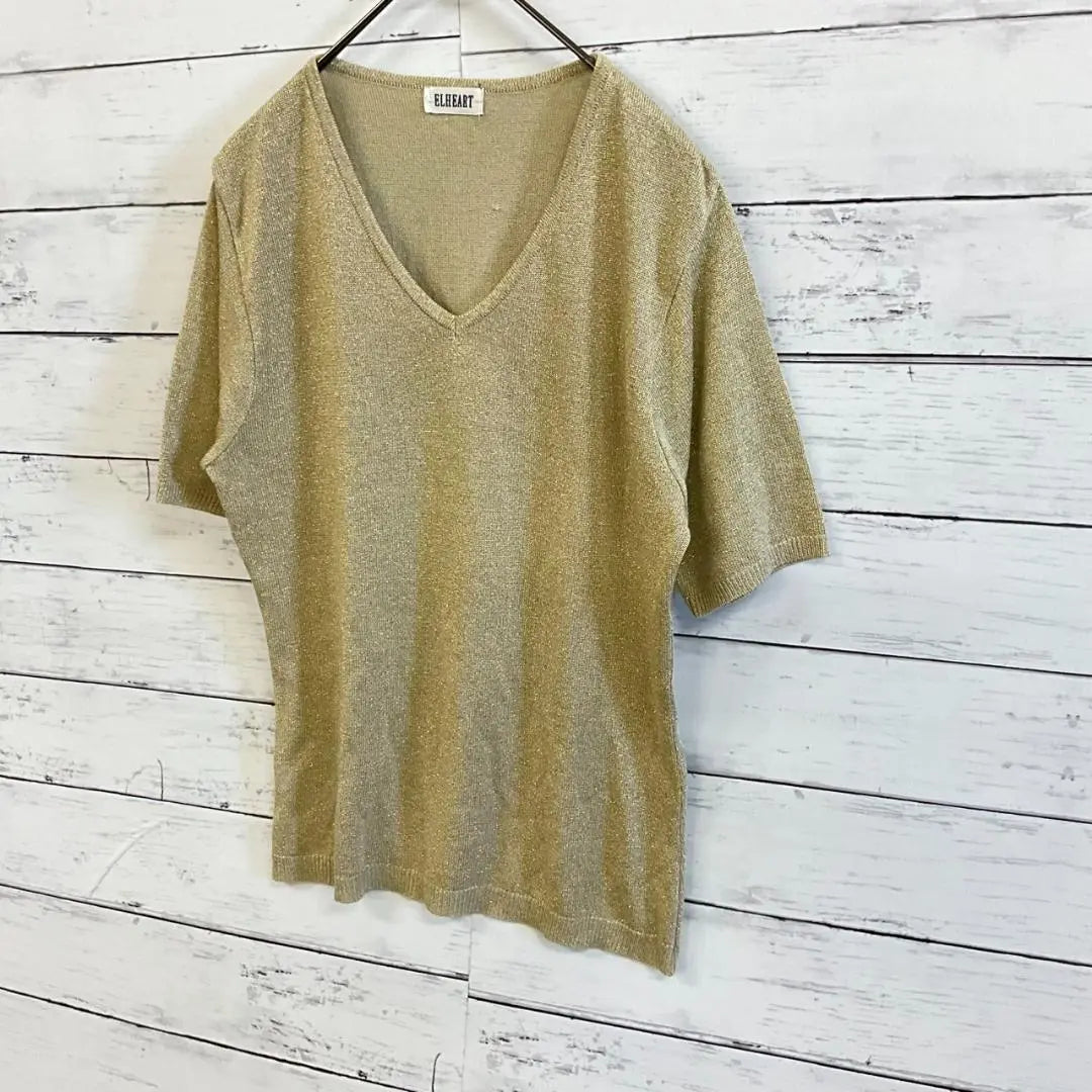 ELHEART Knit Thin Short Sleeve V-neck Plain Simple Basic Glitter Thread