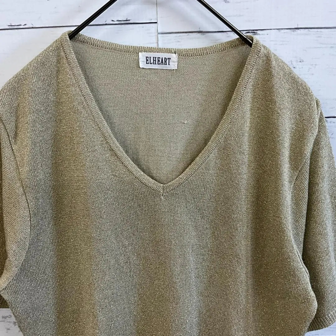 ELHEART Knit Thin Short Sleeve V-neck Plain Simple Basic Glitter Thread