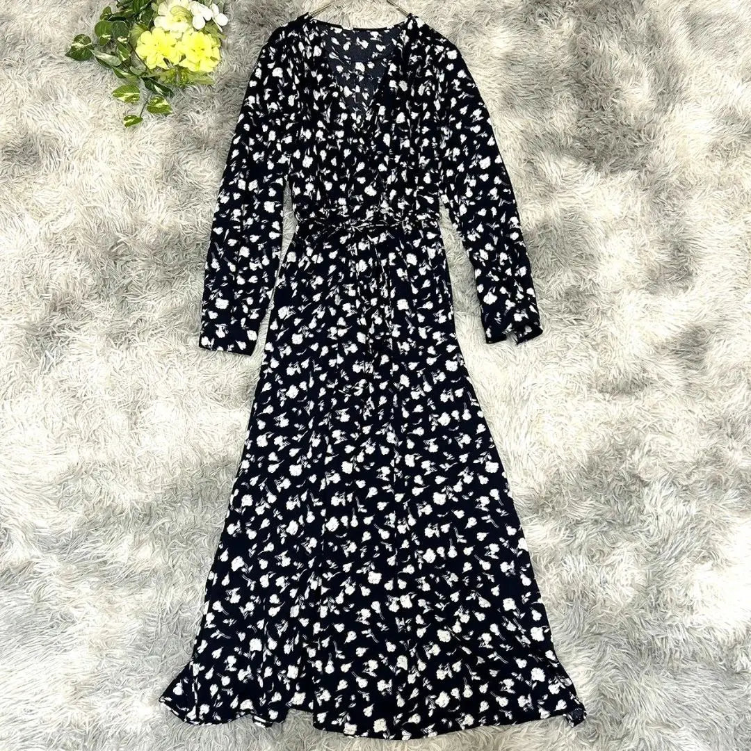 [GU] Flower Print Cash-Coeur Dress, S Size, Navy