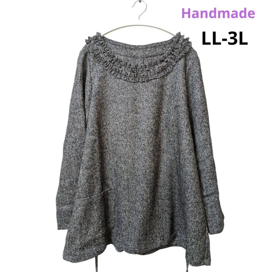 [Handmade] Tunic, thick, A-line, ruffled, long sleeves, wool, top, black