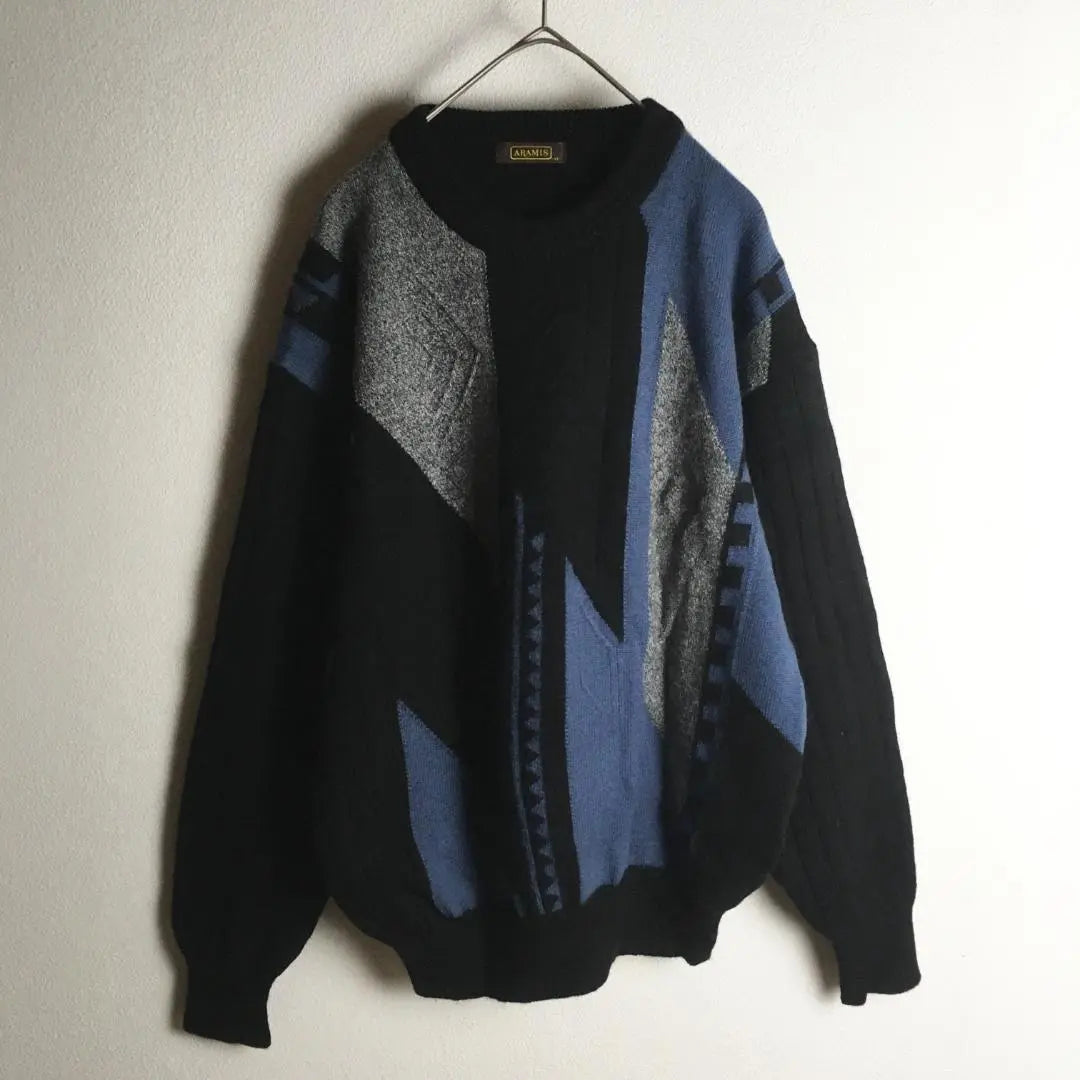 [Knit] Sweater Low Gauge Geometric Pattern Made in Japan Thick M Black Men's Old-wearing