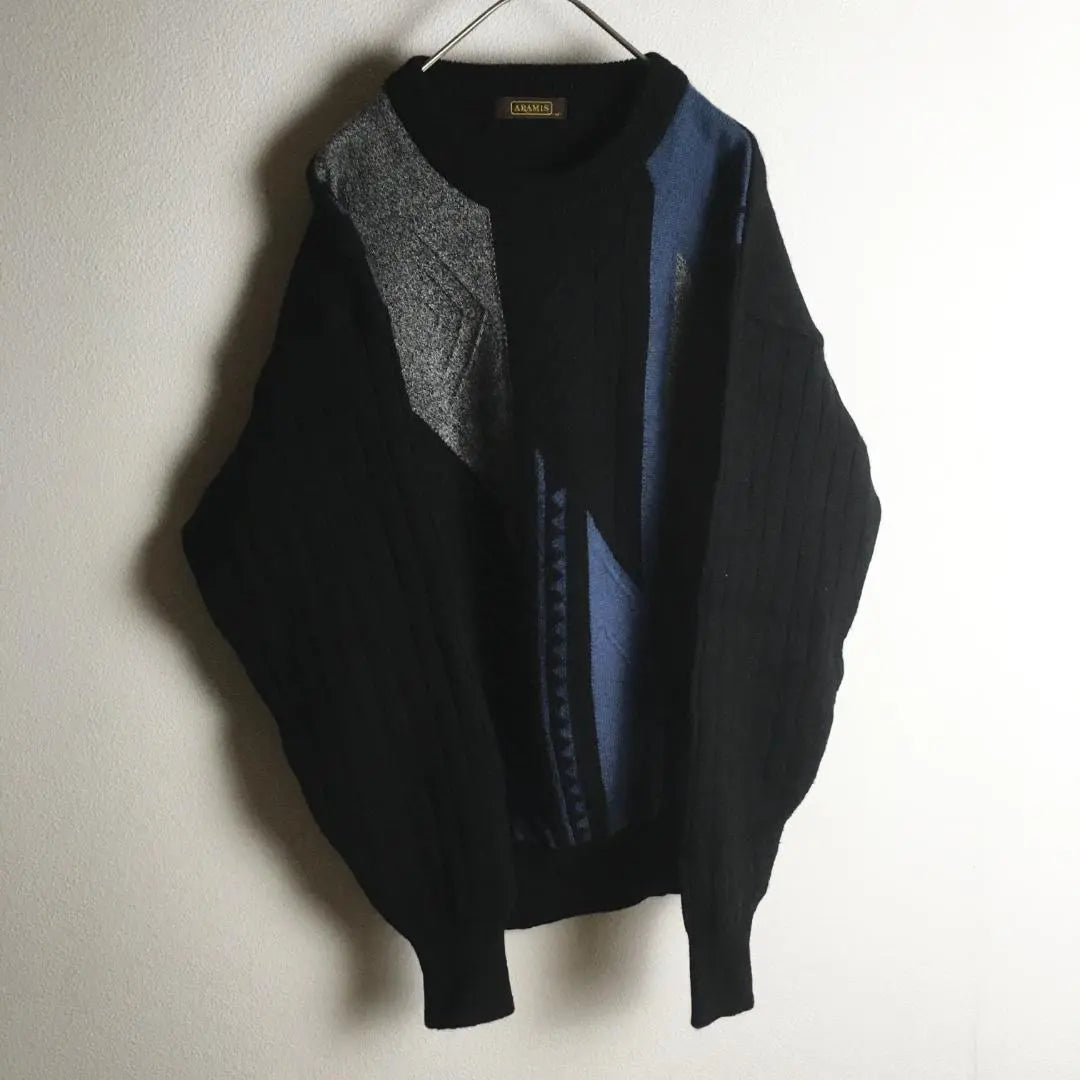 [Knit] Sweater Low Gauge Geometric Pattern Made in Japan Thick M Black Men's Old-wearing