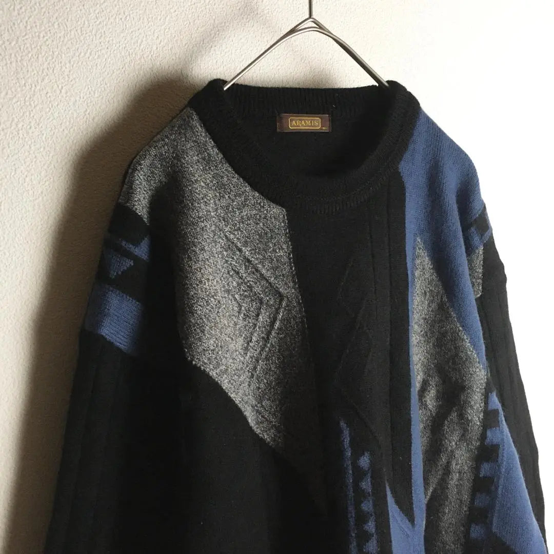 [Knit] Sweater Low Gauge Geometric Pattern Made in Japan Thick M Black Men's Old-wearing