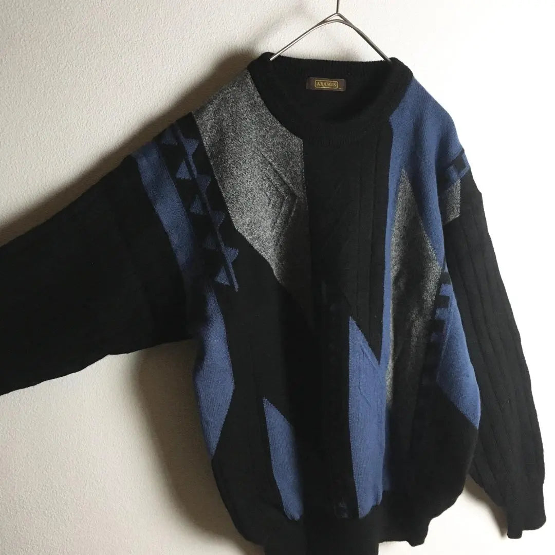 [Knit] Sweater Low Gauge Geometric Pattern Made in Japan Thick M Black Men's Old-wearing