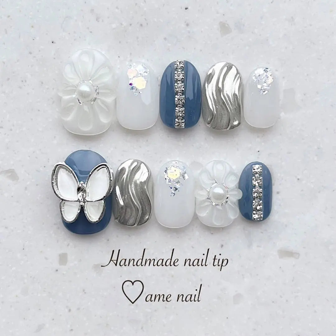 [Custom-made nail tips] Pukkuri flower blue white silver butterfly Korean